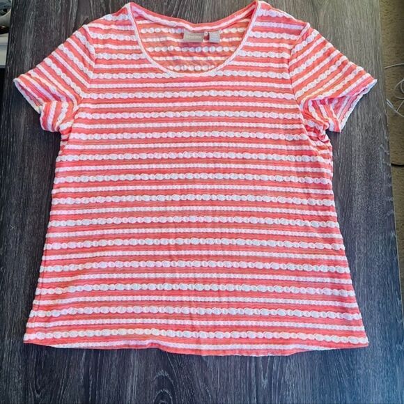 CHICOS pink/white Short sleeve top Size 1
 (Medium) lightweight top - Picture 1 of 10